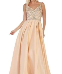 May Queen - MQ1632 Beaded V-Neck Pleated Ballgown