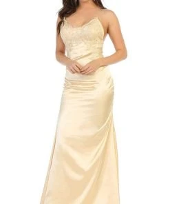 May Queen - MQ1651 Lace Scoop Trumpet Dress With Open Back Formal Gowns