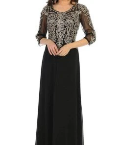 Formal Gowns May Queen - MQ1670 Sheer Appliqued Scoop Neck Dress - 1 Pc Gold In Size M Available