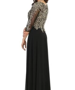 Formal Gowns May Queen - MQ1670 Sheer Appliqued Scoop Neck Dress - 1 Pc Gold In Size M Available