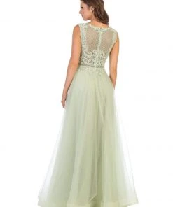 May Queen - MQ1717 Sheer Lattice Rendered Tulle Dress Formal Gowns