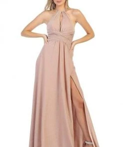 May Queen - MQ1729 Halter Neck A-line Dress With Slit