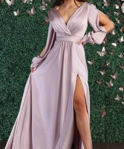 May Queen - MQ1857 Long Bishop Sleeve Ruched Bodice Evening Dress - 1 Pc Mauve In Size 16 Available 8 May Queen - MQ1857 Long Bishop Sleeve Ruched Bodice Evening Dress - 1 Pc Mauve In Size 16 Available