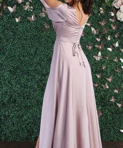 May Queen - MQ1857 Long Bishop Sleeve Ruched Bodice Evening Dress - 1 Pc Mauve In Size 16 Available