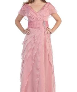 Formal Gowns May Queen - MQ831 Tiered Chiffon Surplice V-Neck Formal Dress