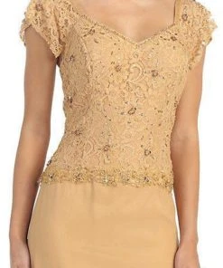 Formal Gowns May Queen - MQ993 Cap Sleeve Beaded Lace Bodice Long Evening Dress