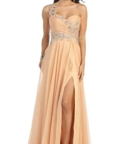 May Queen - One Shoulder Strap Sequined Formal Dress With High Front Slit Formal Gowns