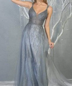 May Queen - Plunging V-Neck A-Line Gown MQ1735 - 1 Pc Dusty Blue In Size 6 Available