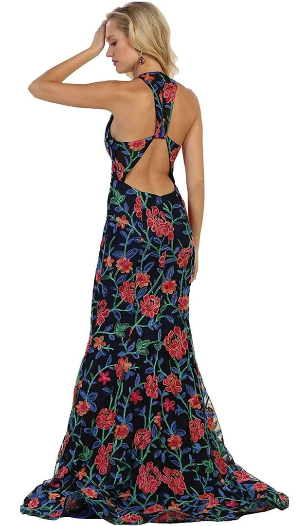 May Queen - Plunging V-neck Floral Sheath Evening Gown Formal Gowns 5 May Queen - Plunging V-neck Floral Sheath Evening Gown Formal Gowns