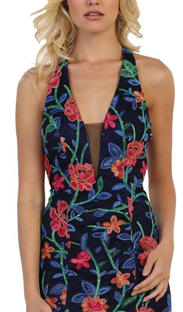 May Queen - Plunging V-neck Floral Sheath Evening Gown Formal Gowns 4 May Queen - Plunging V-neck Floral Sheath Evening Gown Formal Gowns