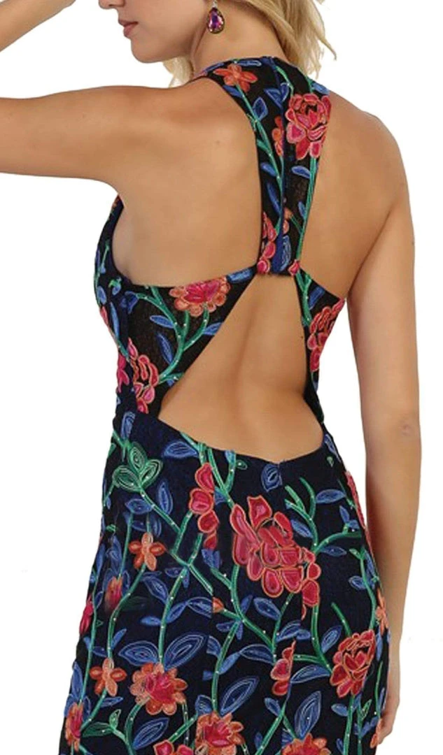 May Queen - Plunging V-neck Floral Sheath Evening Gown Formal Gowns 6 May Queen - Plunging V-neck Floral Sheath Evening Gown Formal Gowns