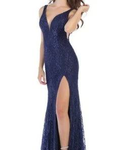 May Queen - Plunging V-Neck High Slit Lace Gown MQ1624 - 1 Pc Navy In Size 2 Available Formal Gowns