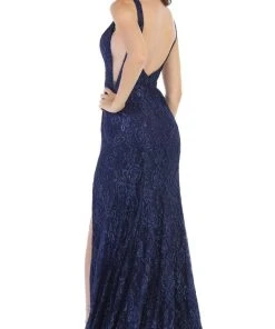 May Queen - Plunging V-Neck High Slit Lace Gown MQ1624 - 1 Pc Navy In Size 2 Available Formal Gowns 8 May Queen - Plunging V-Neck High Slit Lace Gown MQ1624 - 1 Pc Navy In Size 2 Available Formal Gowns