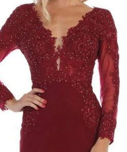 May Queen - Plunging V Neck Long Sleeves Dress MQ1630 - 1 Pc Burgundy In Size 10 Available Formal Gowns