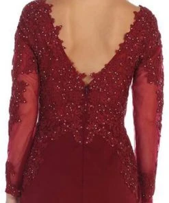 May Queen - Plunging V Neck Long Sleeves Dress MQ1630 - 1 Pc Burgundy In Size 10 Available Formal Gowns