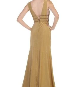 Formal Gowns May Queen - Plunging V-Neck Sleeveless Trumpet Evening Dress MQ1582 - 1 Pc Gold In Size 6 Available