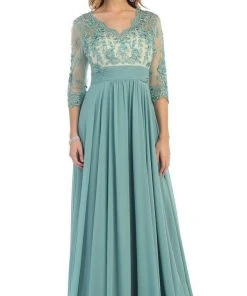 May Queen - Quarter Sleeve Illusion Empire Formal Dress Formal Gowns