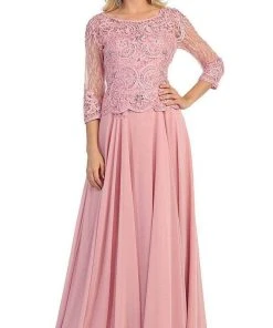 May Queen - Quarter Sleeve Lacy Chiffon Evening Gown MQ1279 - 1 Pc Dusty Rose In Size M Available