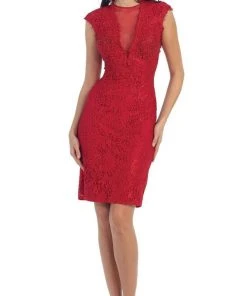 May Queen - RQ7242 Cap Sleeve Sheer Jewel Lace Cocktail Dress Cocktail Dresses 16 May Queen - RQ7242 Cap Sleeve Sheer Jewel Lace Cocktail Dress Cocktail Dresses