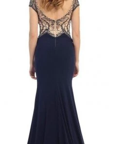 May Queen RQ7310 Illusion Embellished Bodice With Cap Sleeve Sheath Dress - 1 Pc Black In Size 6 Available