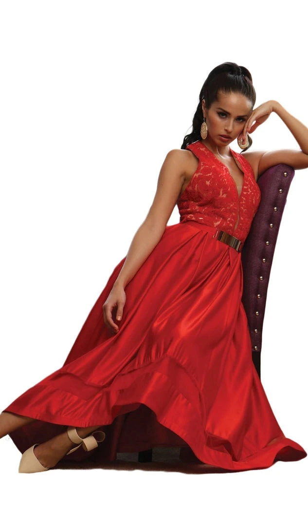 Formal Gowns May Queen - RQ7354 Lace Halter Neck Taffeta High Low Evening Gown 9 Formal Gowns May Queen - RQ7354 Lace Halter Neck Taffeta High Low Evening Gown
