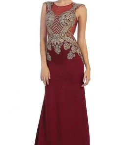 May Queen - RQ7435 Gold Embellished Sheer Jewel Sheath Evening Dress Formal Gowns