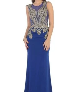 May Queen - RQ7435 Gold Embellished Sheer Jewel Sheath Evening Dress Formal Gowns 12 May Queen - RQ7435 Gold Embellished Sheer Jewel Sheath Evening Dress Formal Gowns