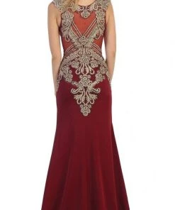 May Queen - RQ7435 Gold Embellished Sheer Jewel Sheath Evening Dress Formal Gowns 10 May Queen - RQ7435 Gold Embellished Sheer Jewel Sheath Evening Dress Formal Gowns