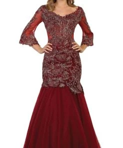 May Queen - RQ7542 Embroidered V-Neck Trumpet Evening Gown
