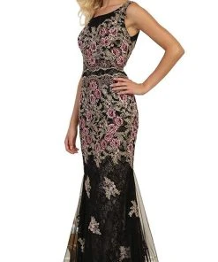 Formal Gowns May Queen - RQ7545 Multi-Colored Floral Lace Bateau Sheath Evening Gown