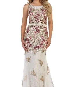 Formal Gowns May Queen - RQ7545 Multi-Colored Floral Lace Bateau Sheath Evening Gown