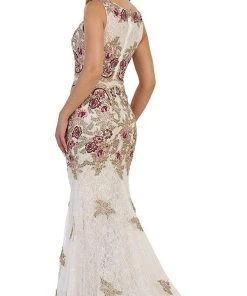 Formal Gowns May Queen - RQ7545 Multi-Colored Floral Lace Bateau Sheath Evening Gown