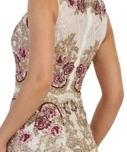 Formal Gowns May Queen - RQ7545 Multi-Colored Floral Lace Bateau Sheath Evening Gown