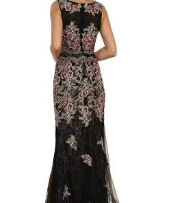 Formal Gowns May Queen - RQ7545 Multi-Colored Floral Lace Bateau Sheath Evening Gown