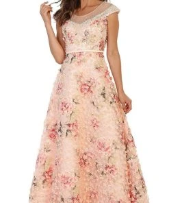 May Queen - RQ7554 Cap Sleeve Floral Embellished A-line Evening Gown