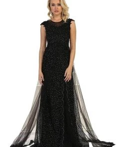 Formal Gowns May Queen - RQ7556 Cap Sleeve Embellished Jewel Neck Long Gown - 1 Pc Black In Size 10 Available