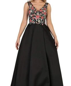 Formal Gowns May Queen - RQ7565 Floral Embroided V-neck Prom Ballgown