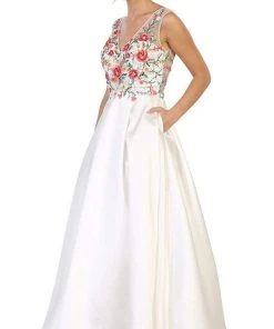 Formal Gowns May Queen - RQ7565 Floral Embroided V-neck Prom Ballgown