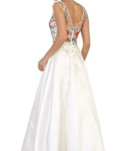 Formal Gowns May Queen - RQ7565 Floral Embroided V-neck Prom Ballgown