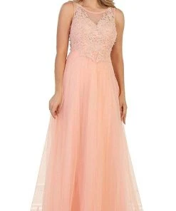 Formal Gowns May Queen - RQ7569 Embellished Illusion Scoop Lace A-line Mother Of The Bride Dress