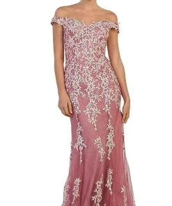 May Queen - RQ7593 Off-Shoulder Bead Embellished Sheath Prom Gown Formal Gowns