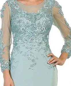 May Queen - RQ7594 Embellished Long Sleeve Illusion Scoop Sheath Mother Of The Bride Gown