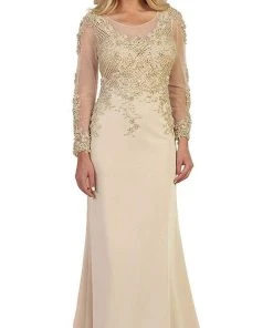 May Queen - RQ7594 Embellished Long Sleeve Illusion Scoop Sheath Mother Of The Bride Gown