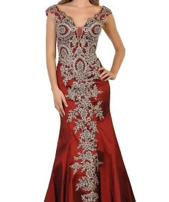 Formal Gowns May Queen - RQ7602 Embellished Wide V-neck Sheath Mother Of The Bride Gown