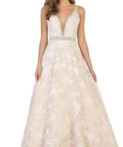 May Queen - RQ7609 Embellished Lace Deep V-neck A-line Dress