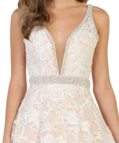 May Queen - RQ7609 Embellished Lace Deep V-neck A-line Dress