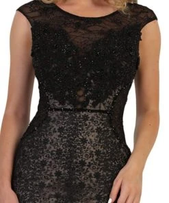 May Queen - RQ7628 Applique Cap Sleeve Bateau Trumpet Dress