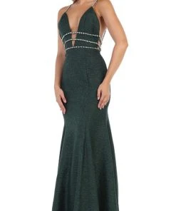 May Queen - RQ7638 Crystalline Tri-Band Plunging Trumpet Gown