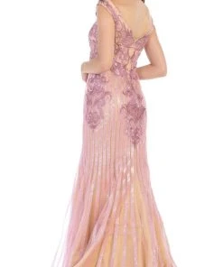 Formal Gowns May Queen - RQ7640 Embellished Wide V-neck Trumpet Dress