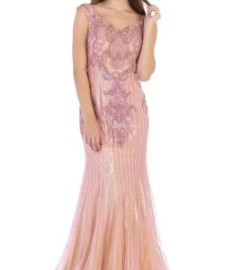 Formal Gowns May Queen - RQ7640 Embellished Wide V-neck Trumpet Dress